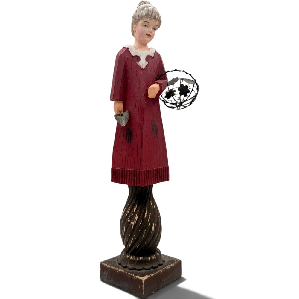Foreside Folk Art Gardener Woman Figurine 1990s Garden Lady Basket Trowel